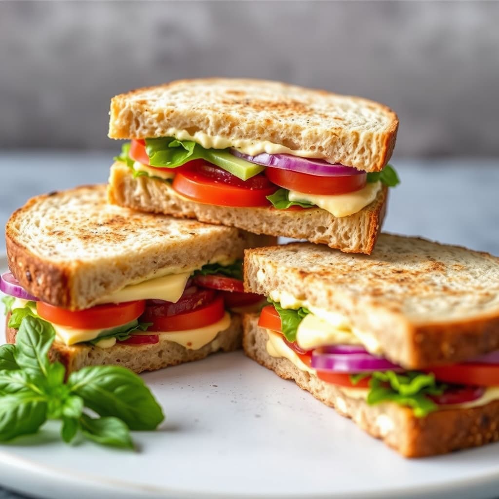 Egg, majones og salat lagdelt sandwich