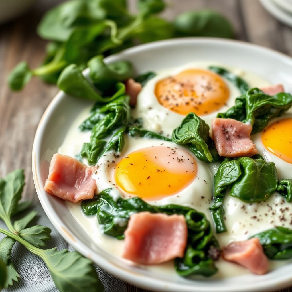 Egg med fløte, spinat og landsskinke