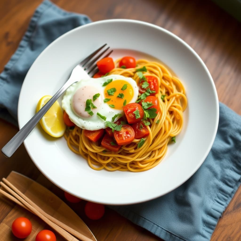 Egg med tre eggeplommer, peruanske tomater og eggnudler