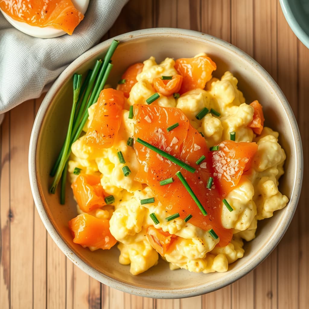 Eggerøre med røkt laks og gressløk