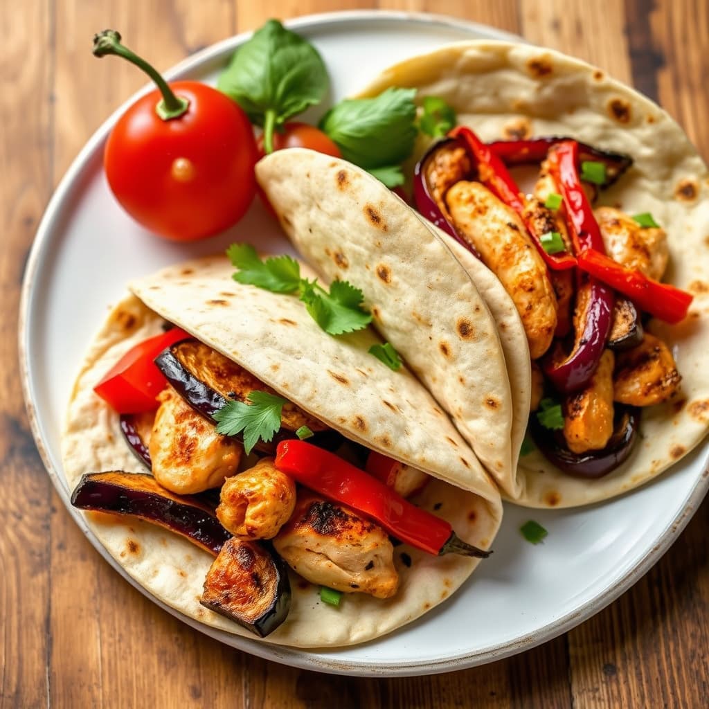 Eggplant, ovnsbakt paprika og kyllingpitaer