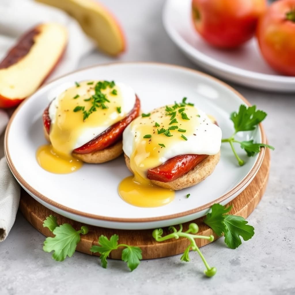 Eggs Benedict med eplesausage og senneps-Hollandaise