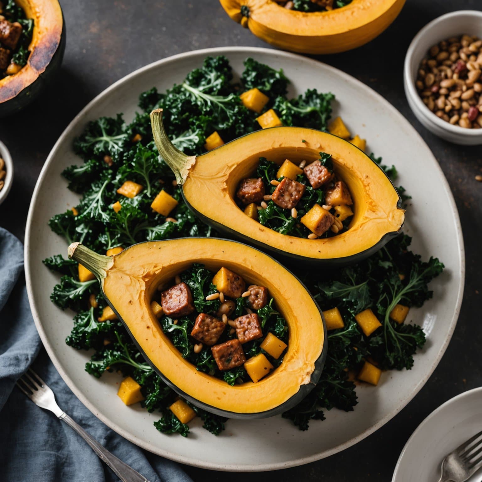 Eikenøttgresskar med grønnkål og pølse