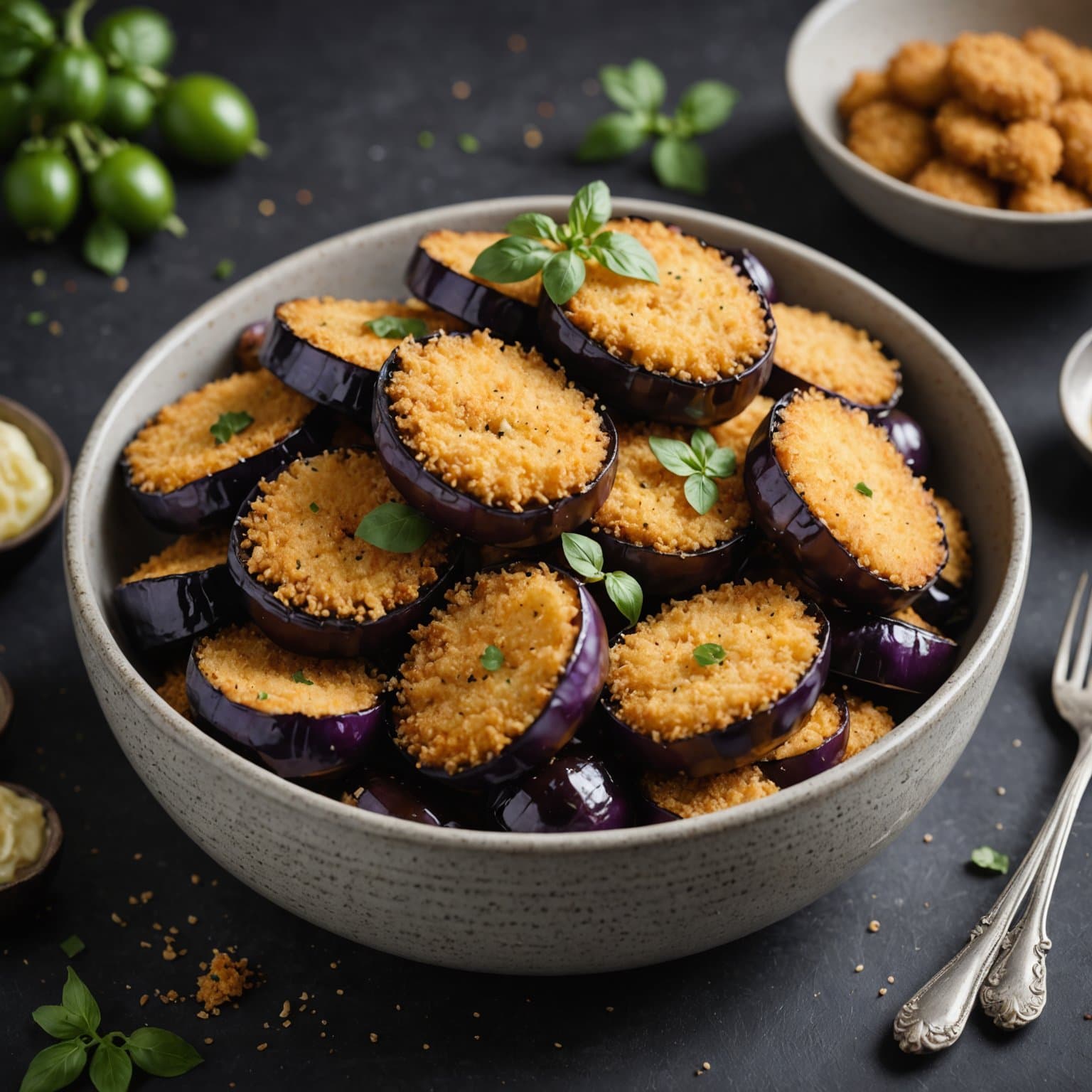 En bolle med røkt og panert aubergine