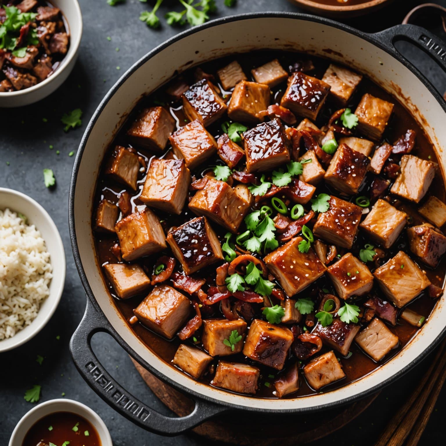 En gryte med asiatisk braisert svinekjøtt og bacon