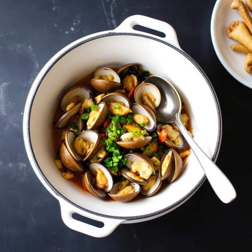 En gryte med skjell og skalldyr