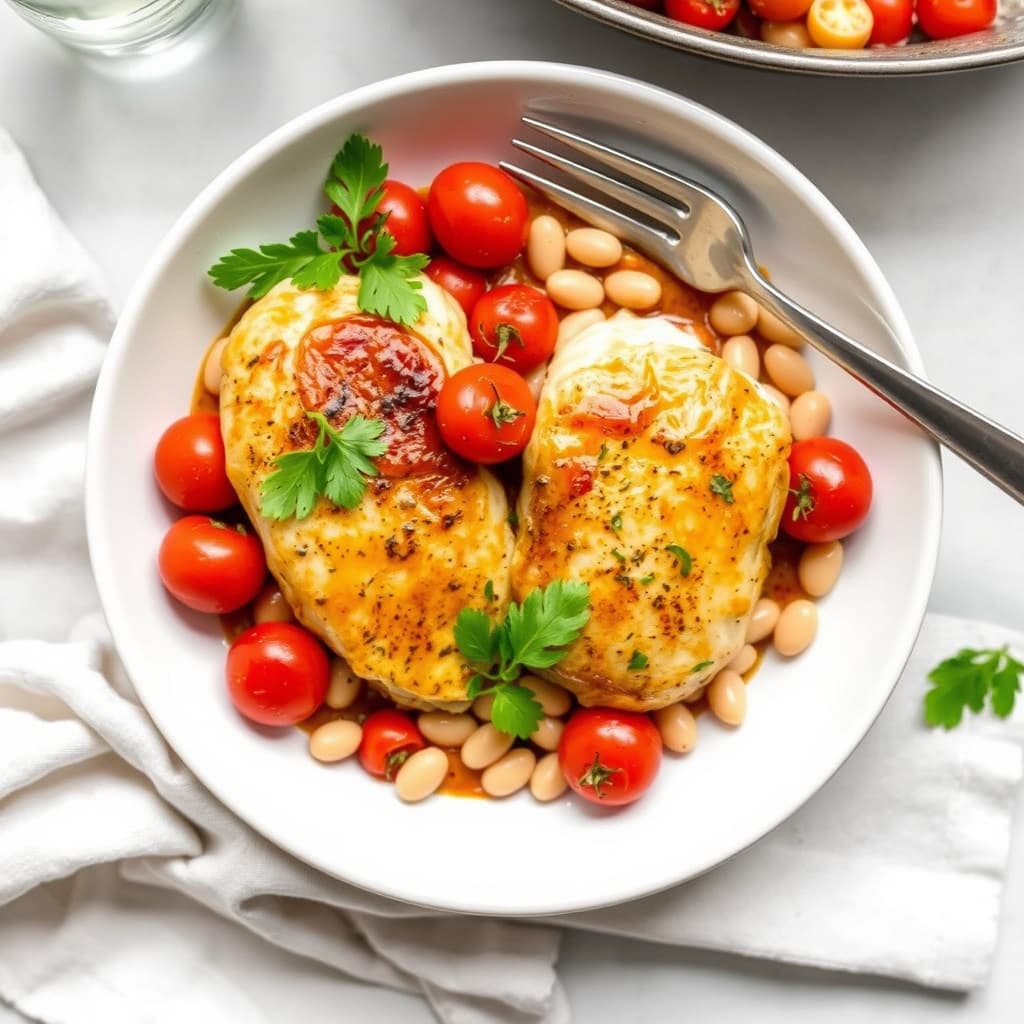 En-panne stekte kyllingbryst med cherrytomater og hvite bønner