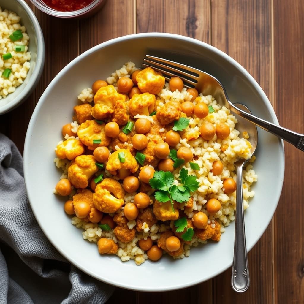 En-pottes karrifarget blomkål med couscous og kikerter