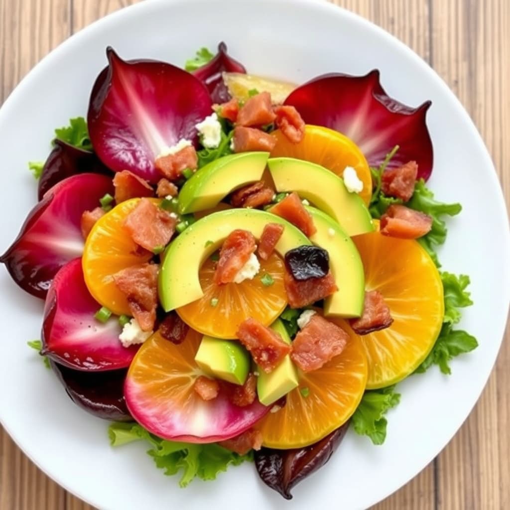 Endive-, appelsin-, avokado- og bacon-salat