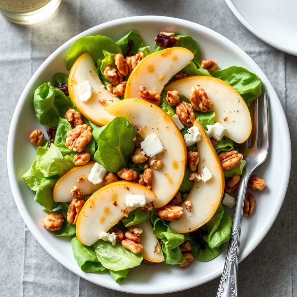 Endivesalat med pærer, Roquefort og valnøtter, og Dijon-vinaigrette