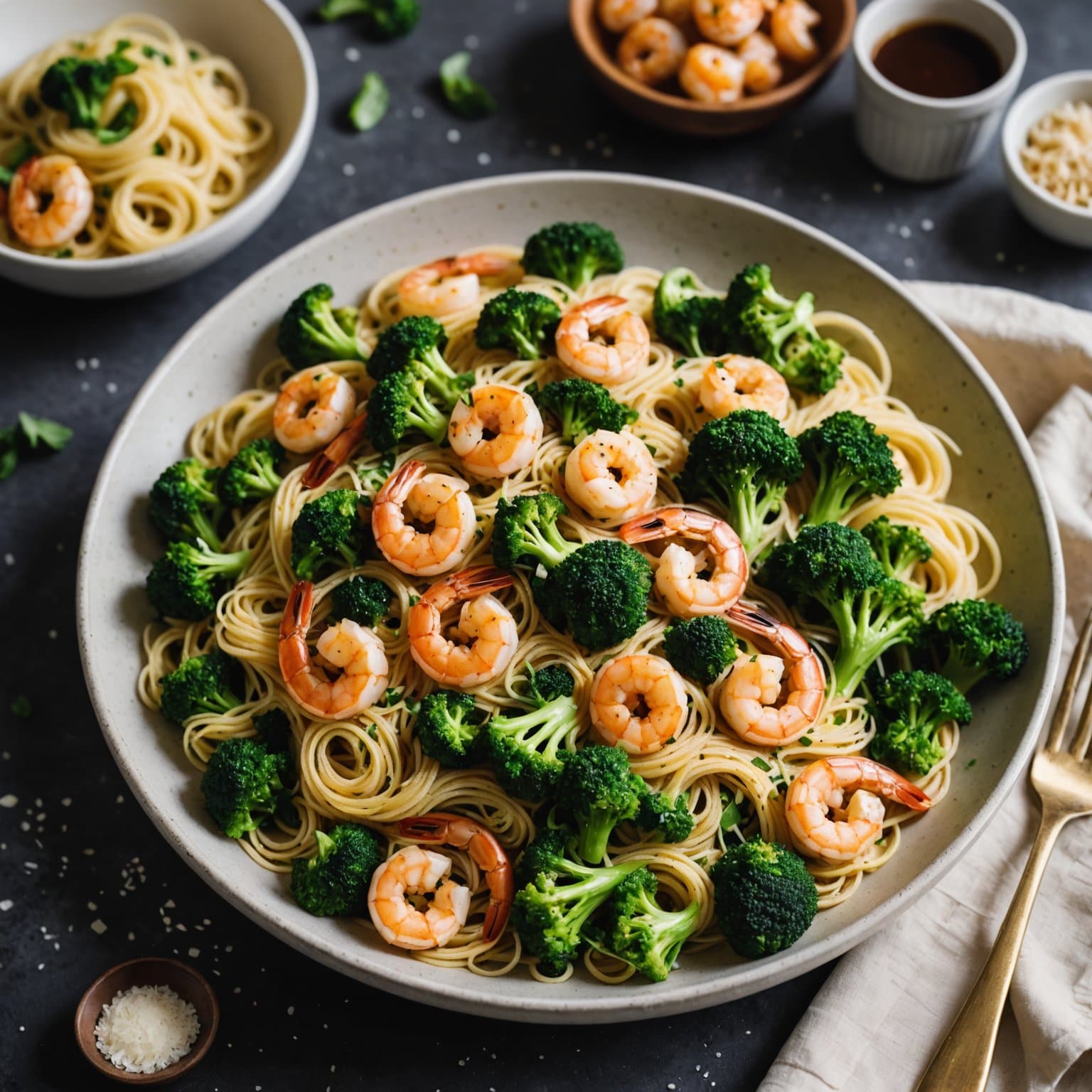 Englehårspasta med hvitløksreker og brokkoli