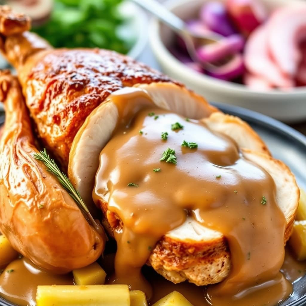 Enkel stekt kalkun med fyldig kalkunsjy