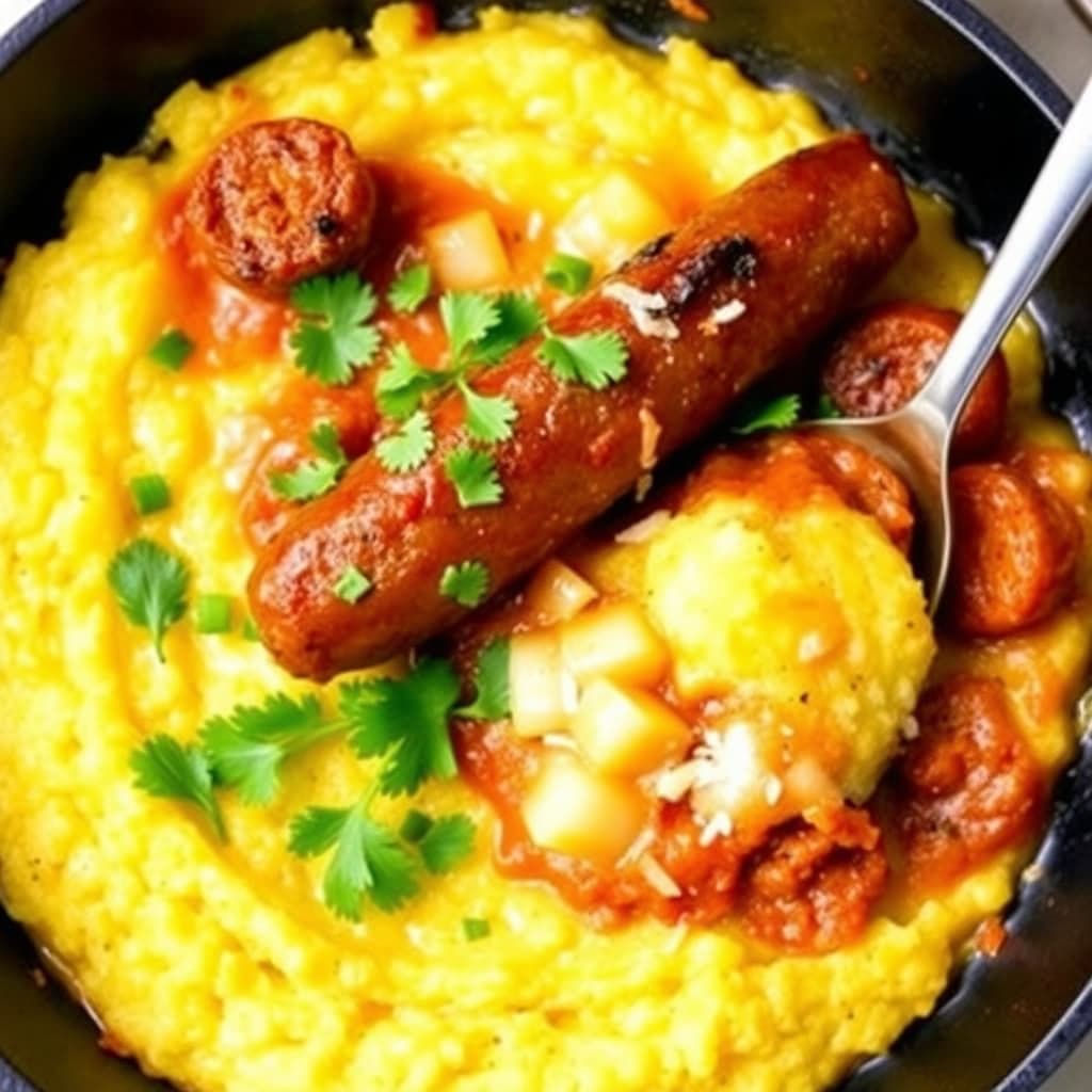 Enpannekake med pølse og polenta med parmesan