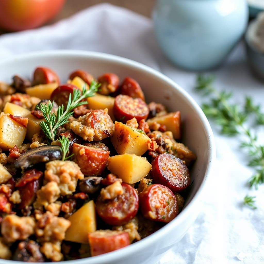 Eple-, pølse-, bacon- og sopps fyll.