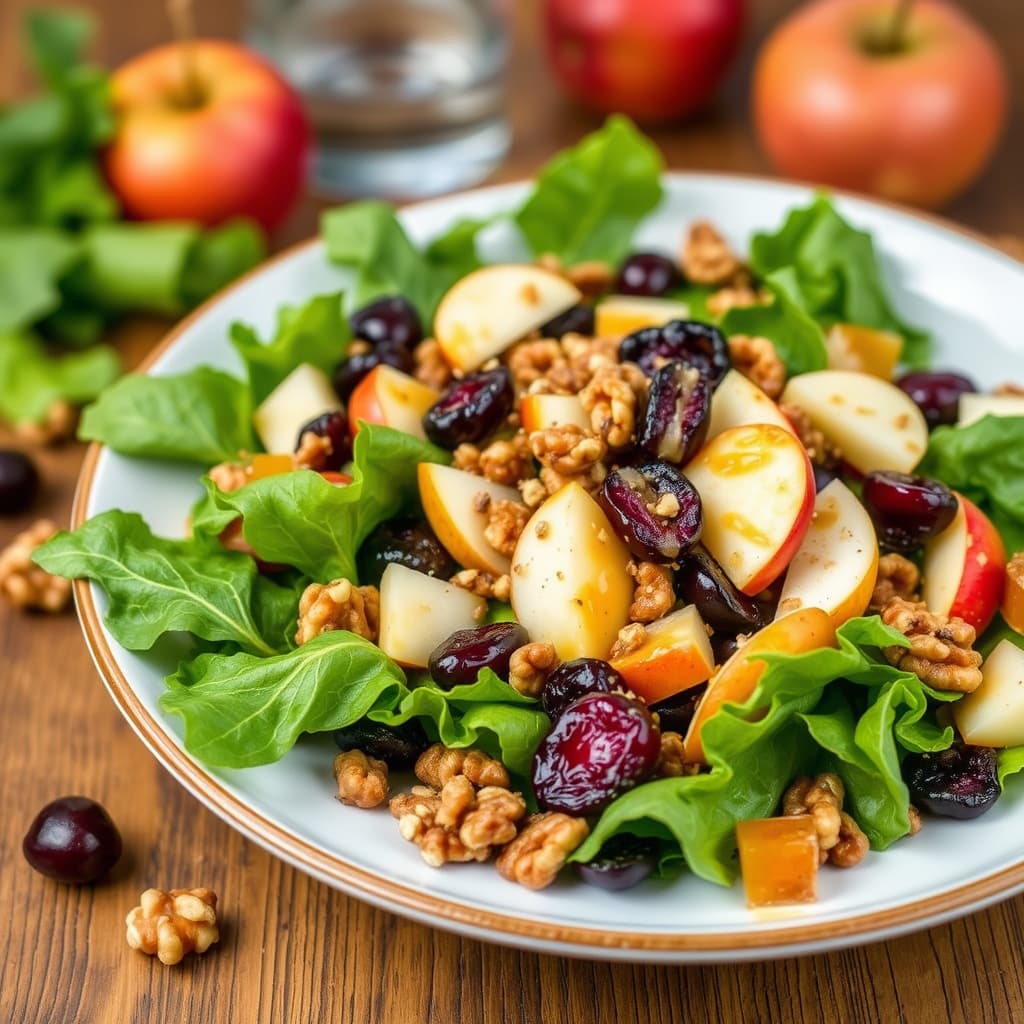 Eple-, tørket kirsebær- og valnøttsalat med lønnesirupdressing