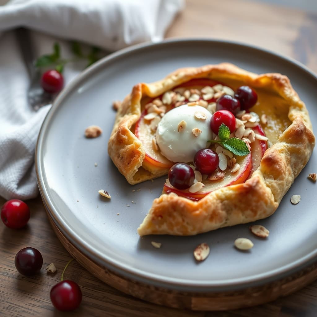 Eplegalette med geitost, surkirsebær og mandeltopping