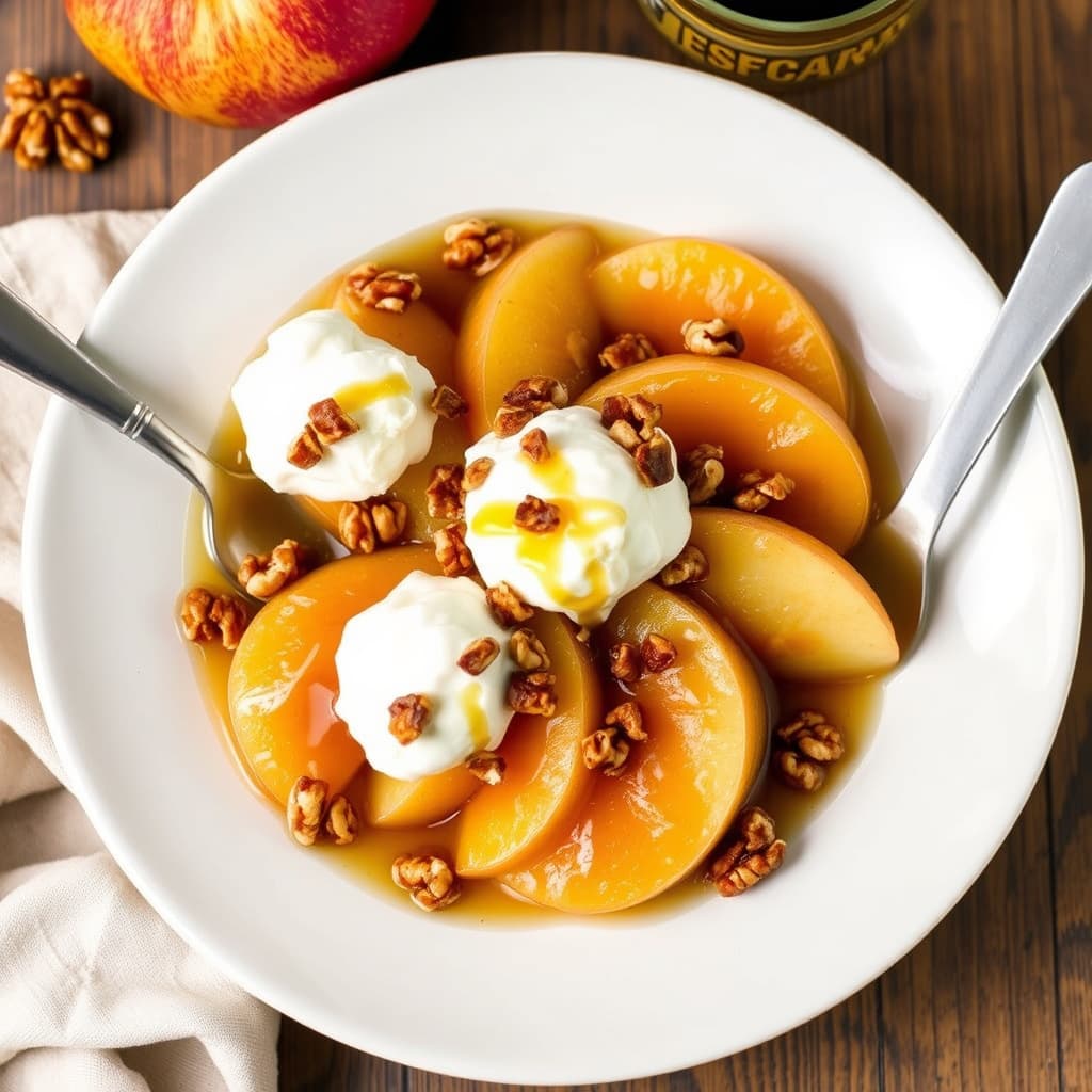 Epler kokt i cider med kandiserte valnøtter, romkrem og cider-sirup