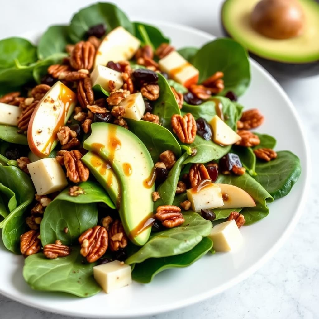 Eplesalat med pekannøtter, tranebær og avokadospinat med balsamico dressing