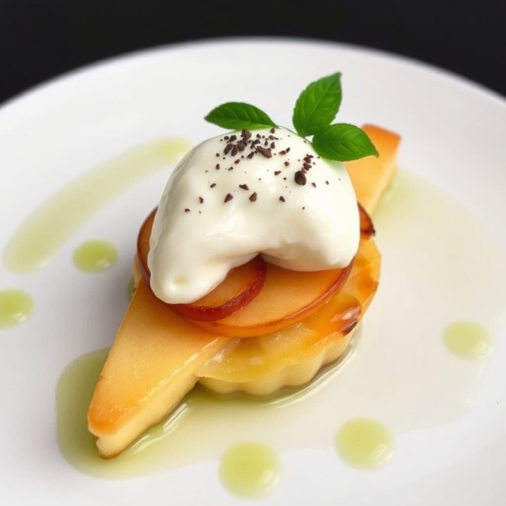 Epleterte Tatin med geitosttimbale og grønn eplesorbet Napoleon