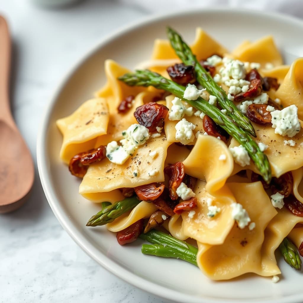 Farfalle med asparges, ovnsbakte sjalottløk og blåmuggost