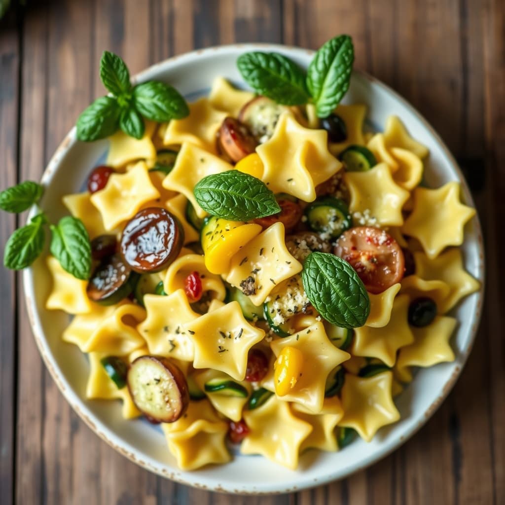 Farfalle med zucchini, gresskar og mynte