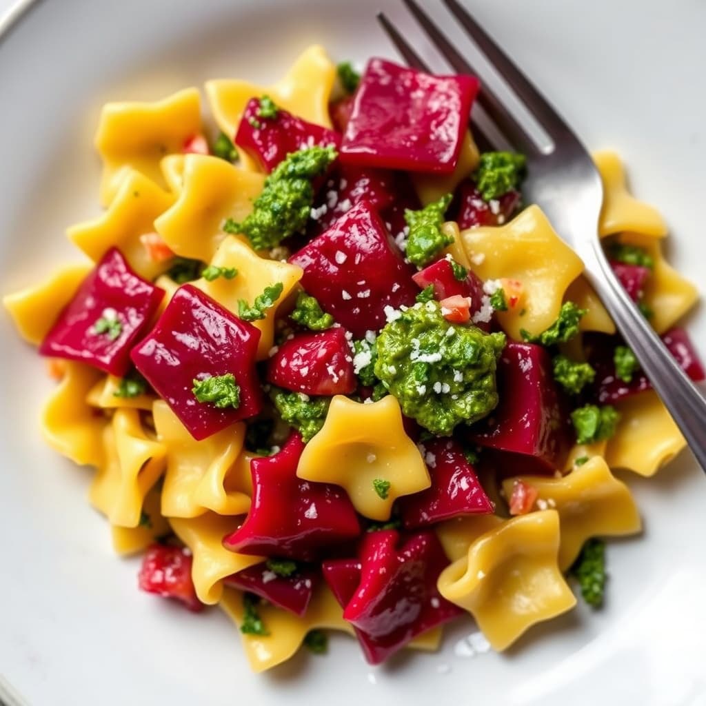 Farfalle-pasta med rødbetvinaigrette og persillepesto