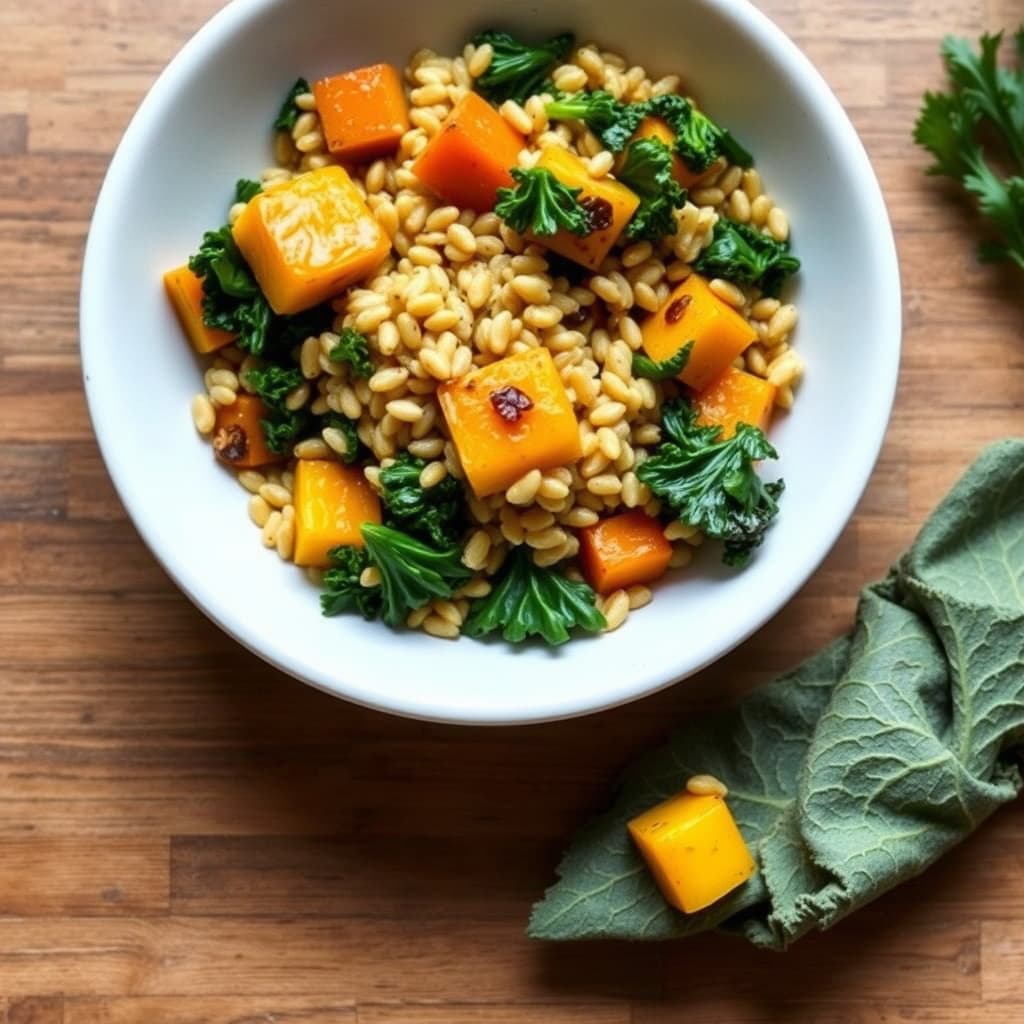 Farro med acorn squash og grønnkål