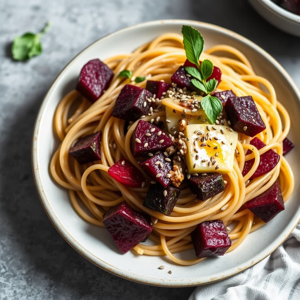 Farro-spaghetti, rødbeter, brunt smør, valmuefrø