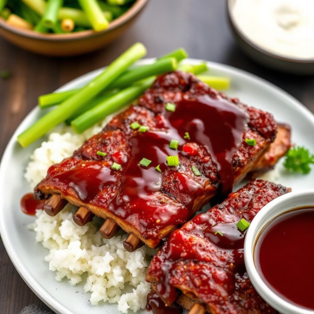 Femkrydret ovnsbakt ribbe med en klissete honning- og sesamsaus