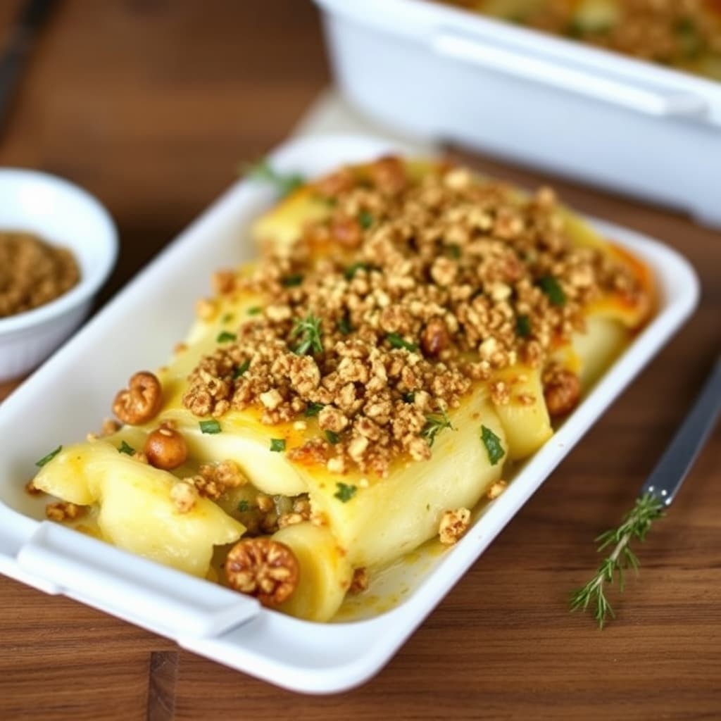 Fennikångratin med valnøtt- og timianbrødsmuler