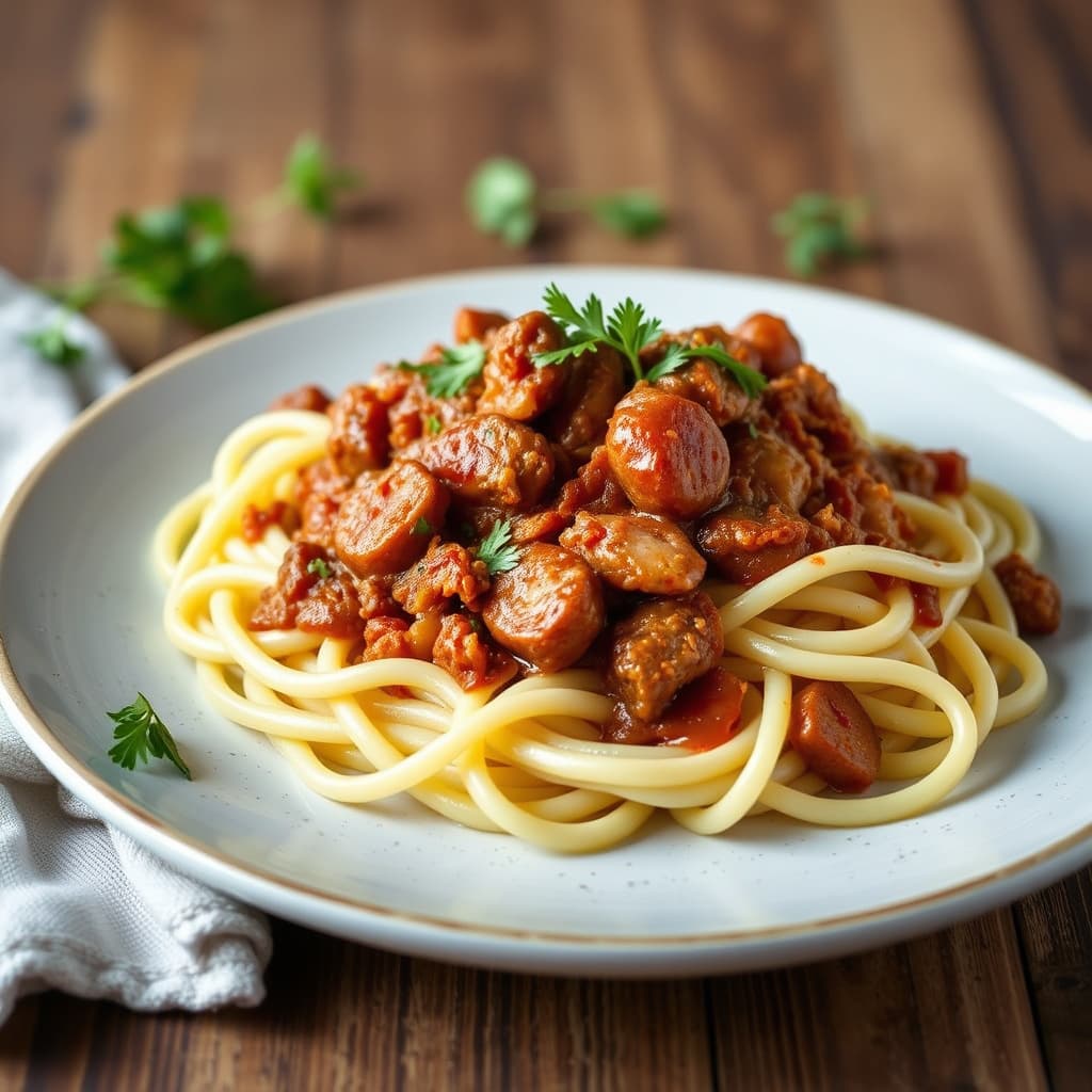 Fennikel- og pølsesaus over pasta