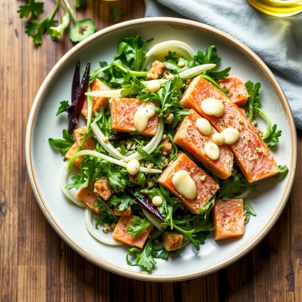 Fennikel-, ruccola- og ørret- og røkt ørret-salat med pepperrot-dressing