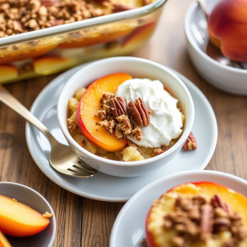 Fersk ferskengrateng med pekannøttkrønsj-topping