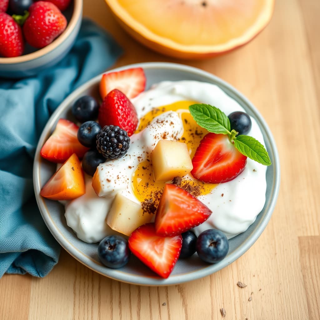 Fersk frukt og krydret yoghurt