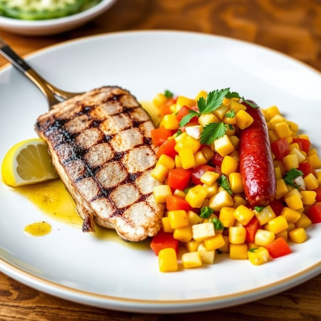 Fersk grillet marlin og chorizo med crabalaitos og mais-salsa