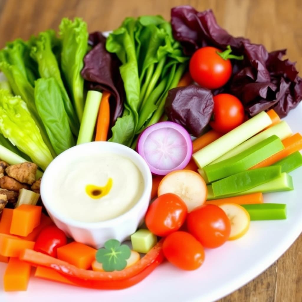 Fersk grønnsaksfat med oljedip