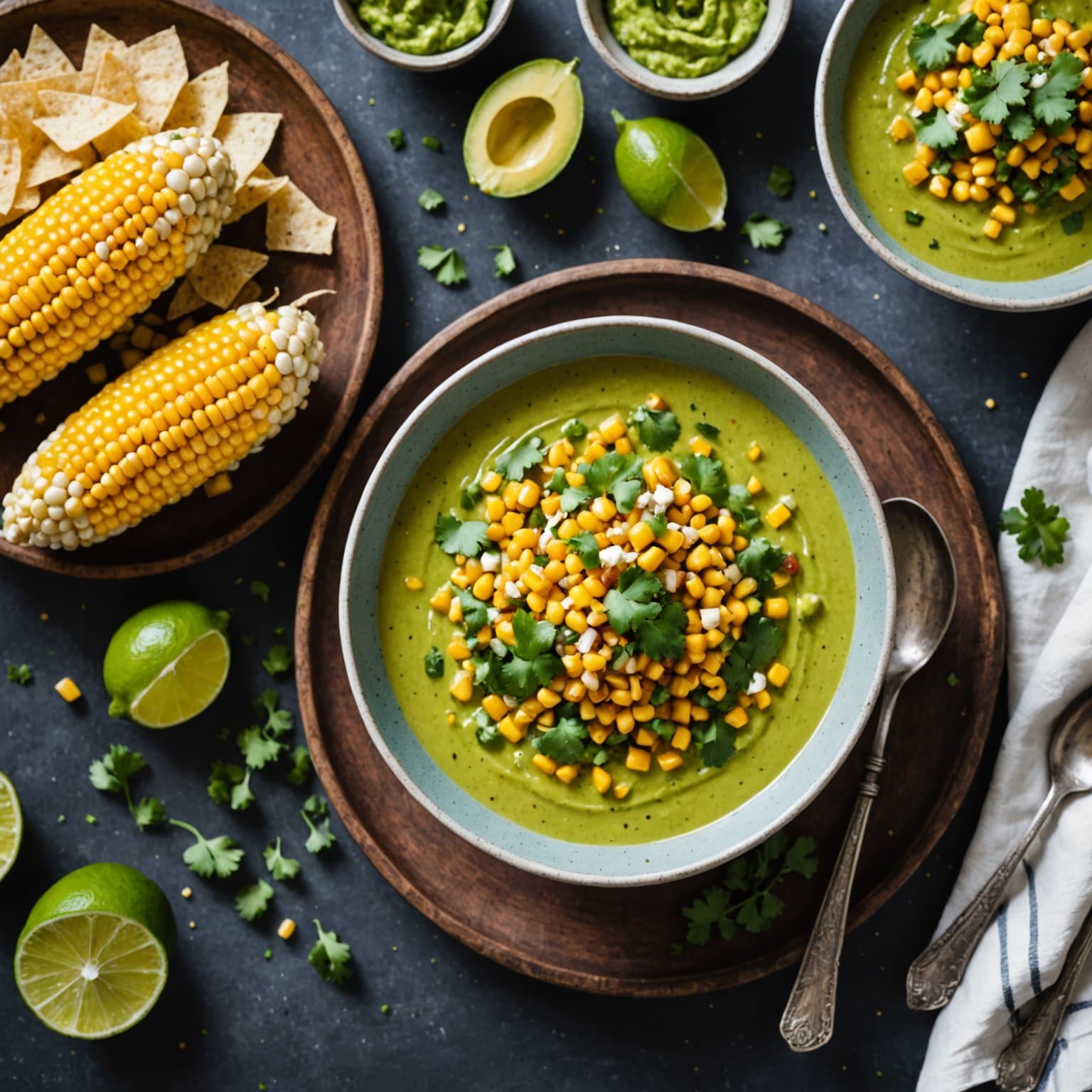 Fersk mais-suppe toppet med ovnsbakt mais-guacamole