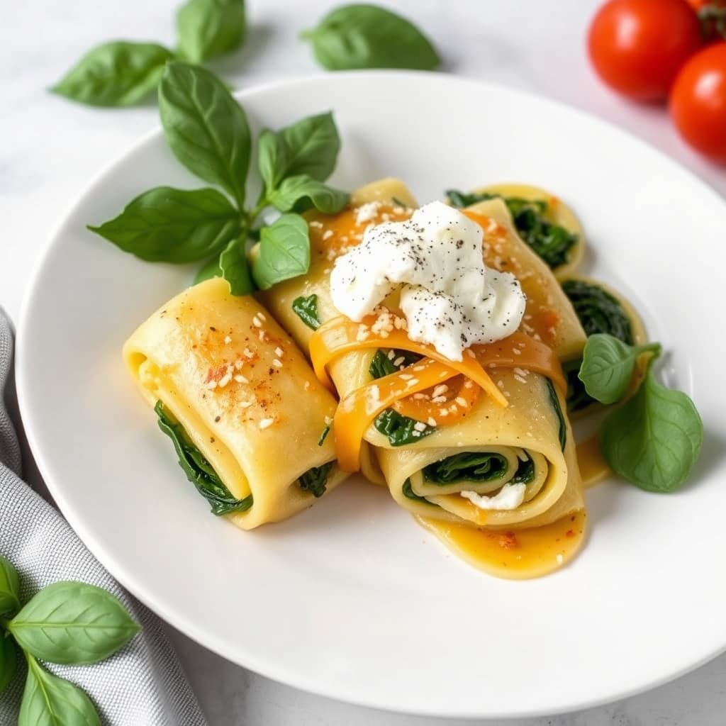 Fersk pasta-rullatini med spinat og ricotta