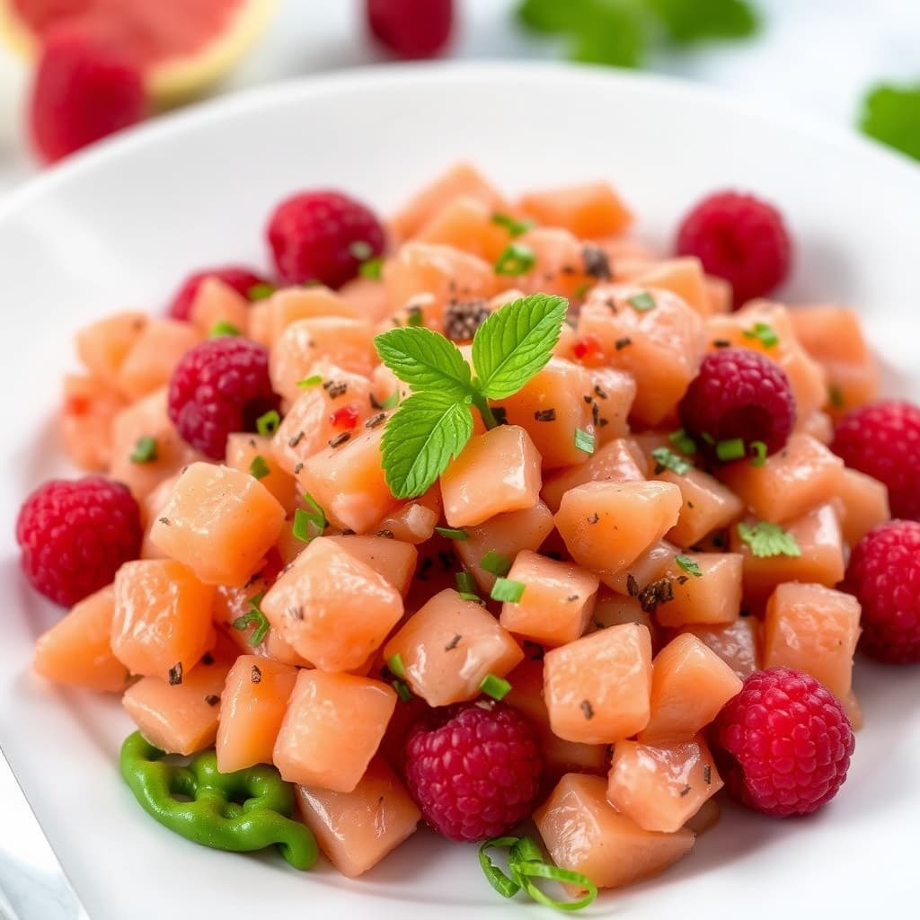 Fersk røkt laks tartar med bringebær