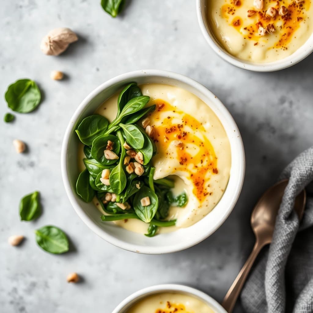 Fersk spinat og ovnsbakte hvitløkskremter