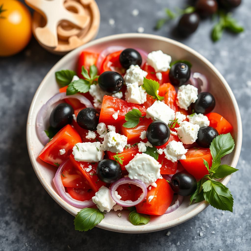 Fersk tomatsalat med løk, fetaost og oliven