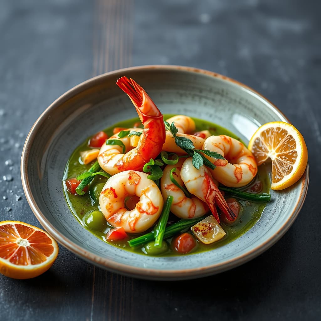 Ferske langoustiner (eller reker) vendt i blodappelsiner med grønn purreløksaus