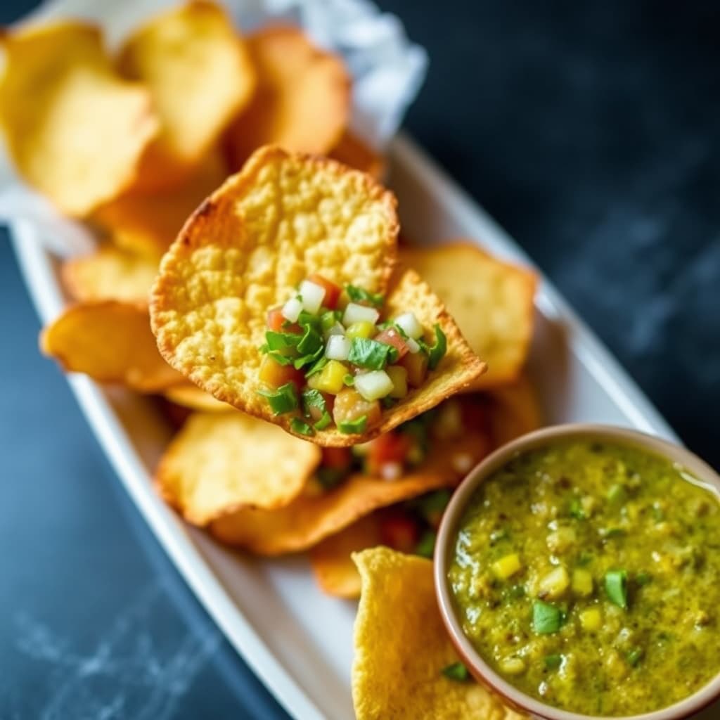 Ferske, stekte maischips med tomatillo-salsa