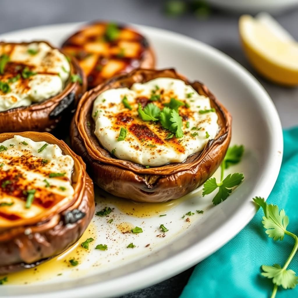Ferske urter og geitost fylt grillede portobellosvamper