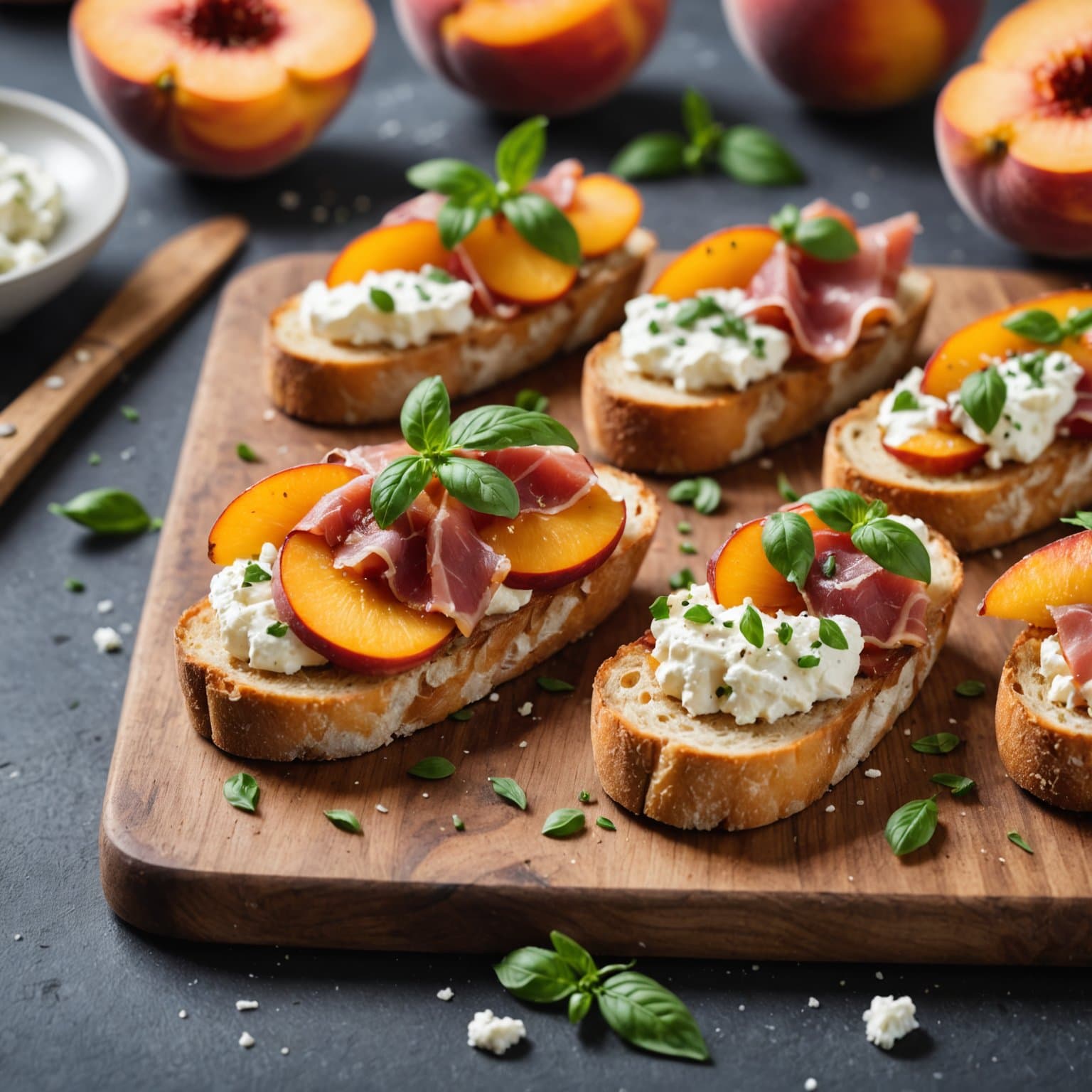 Fersken, prosciutto og ricottacrostini