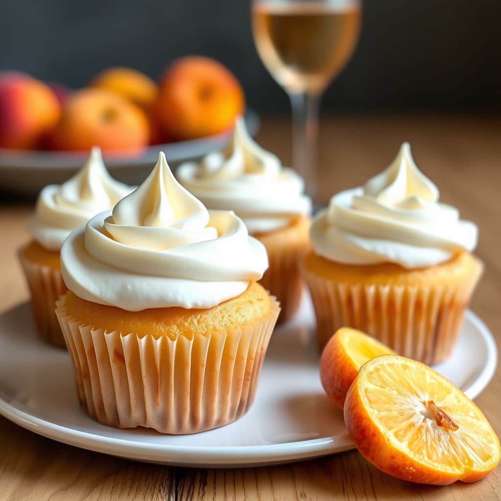 Ferskenmimosa-cupcakes med champagne-mascarpone- og marengsdekorasjon