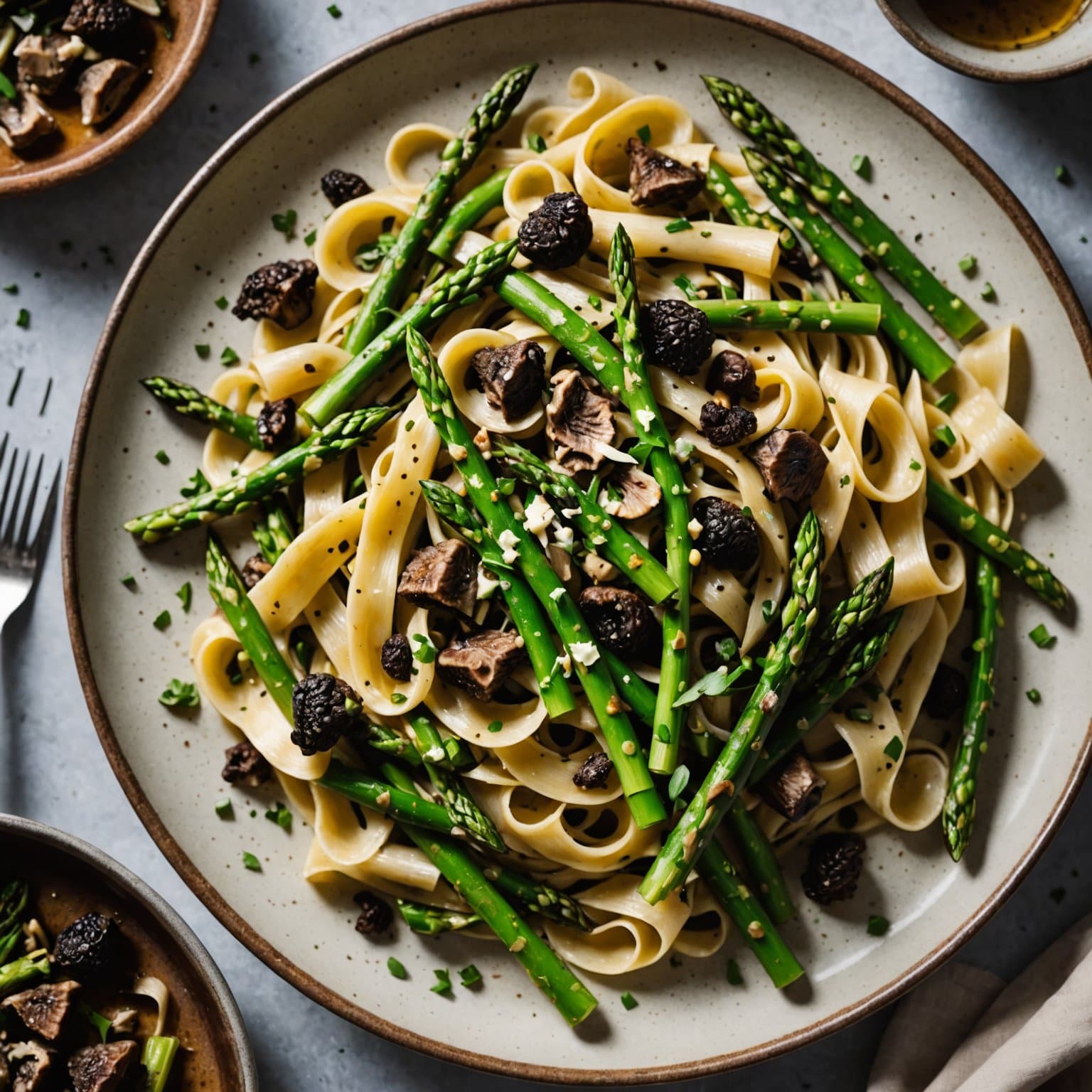 Fettuccine med asparges, moreller og estragon