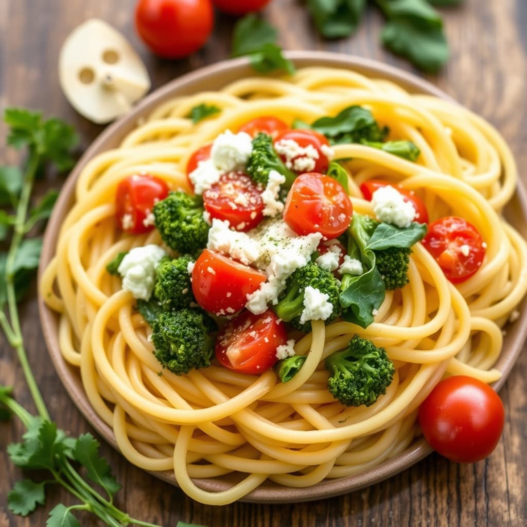 Fettuccine med brokkoli rabe, tomater og ricotta