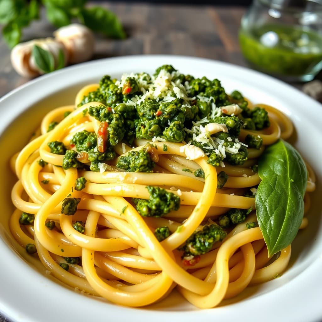 Fettuccine med hvitløk og pesto: Fettuccine al Pesto D'Aglio