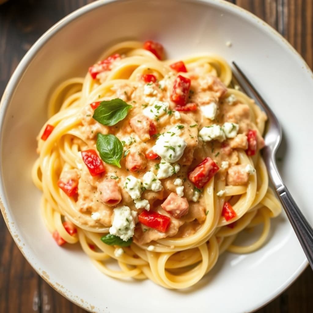 Fettuccine med kremet rød peppersaus med feta